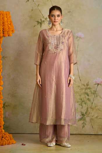 Shop Samyukta Singhania Pink Tissue Round Neck Embroidered Kurta Set Shop_Samyukta Singhania_Pink Tissue Round Neck Embroidered Kurta Set