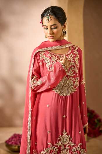 Shop Samyukta Singhania Red Chinon Round Neck Embroidered Kurta Sharara Set Shop_Samyukta Singhania_Red Chinon Round Neck Embroidered Kurta Sharara Set