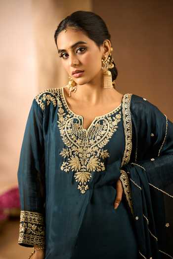 Shop_Samyukta Singhania_Blue Georgette Round Neck, Yes Embroidered Kurta Sharara Set 