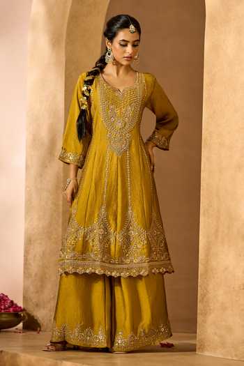 Samyukta Singhania Yellow Silk Embroidery V-neck Kurta Palazzo Set at Aza Fashions Samyukta Singhania_Yellow Silk Embroidery V-neck Kurta Palazzo Set _at_Aza_Fashions