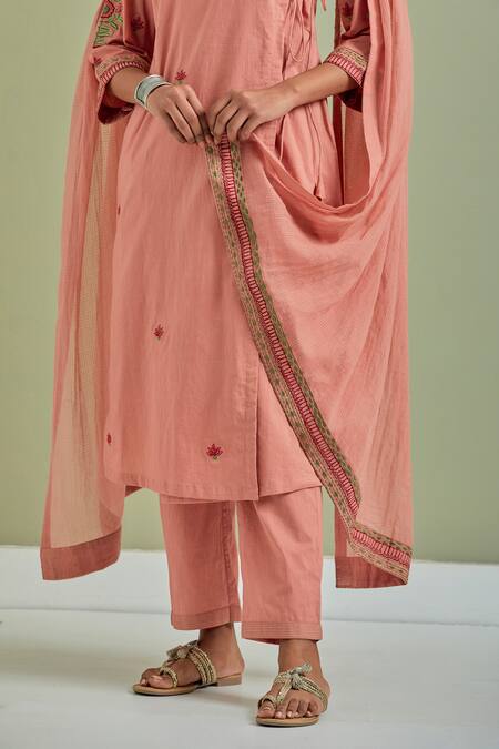 Priya Chaudhary_Orange Cotton, Kota Doria Embroidery V-neck Floral Angrakha Pant Set _Online_at_Aza_Fashions