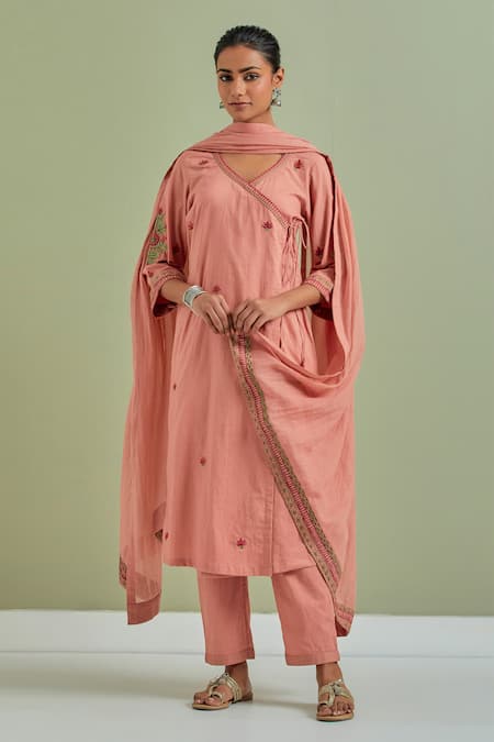 Buy_Priya Chaudhary_Orange Cotton, Kota Doria Embroidery V-neck Floral Angrakha Pant Set _Online_at_Aza_Fashions