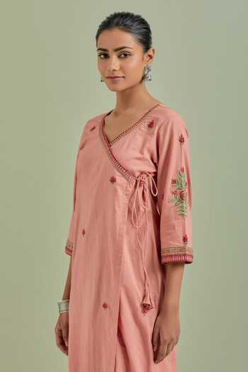 Buy_Priya Chaudhary_Orange Cotton Embroidery V-neck Floral Angrakha And Pant Set _Online_at_Aza_Fashions