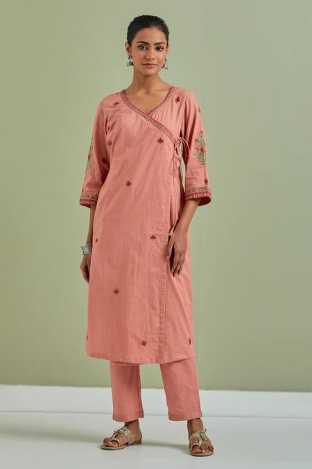 Shop_Priya Chaudhary_Orange Cotton, Kota Doria Embroidery V-neck Floral Angrakha Pant Set _Online_at_Aza_Fashions