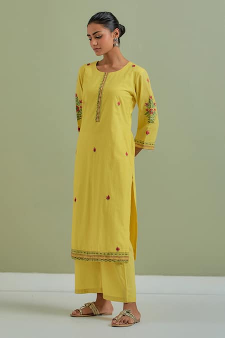 Shop_Priya Chaudhary_Yellow Cotton Embroidery Round Neck Kurta And Pant Set _Online_at_Aza_Fashions