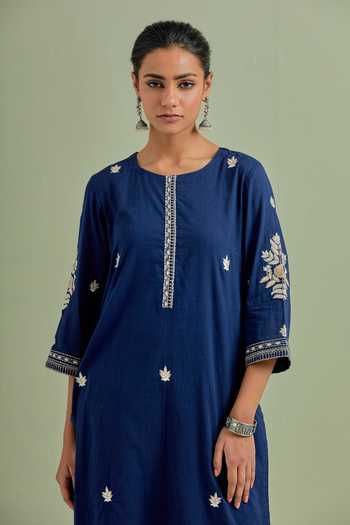 Shop_Priya Chaudhary_Blue Cotton Embroidery Round Neck Kurta And Pant Set _Online_at_Aza_Fashions