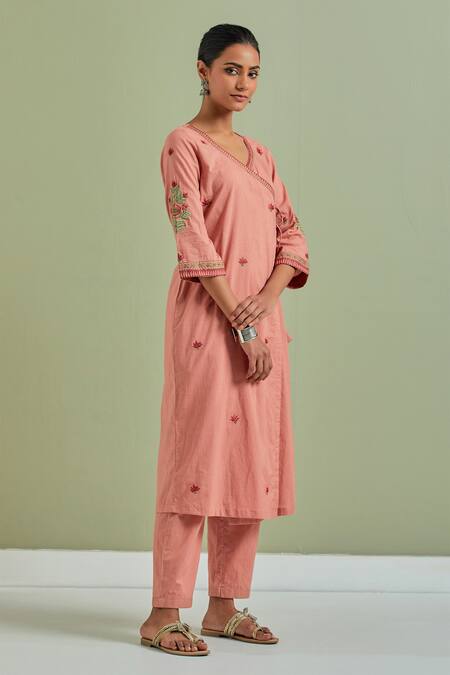 Priya Chaudhary_Orange Cotton, Kota Doria Embroidery V-neck Floral Angrakha Pant Set _at_Aza_Fashions