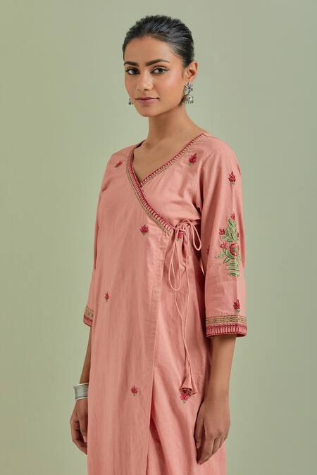 Buy_Priya Chaudhary_Orange Cotton, Kota Doria Embroidery V-neck Floral Angrakha Pant Set 