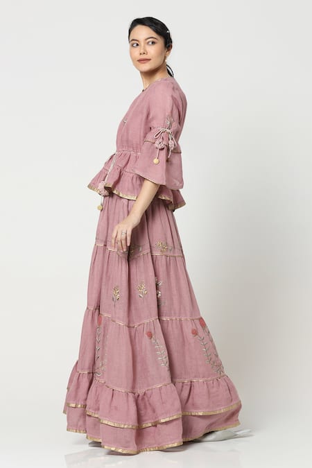 Kaveri_Purple Linen Peplum Top And Skirt Set_Online_at_Aza_Fashions