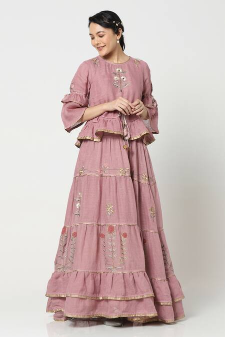 Buy_Kaveri_Purple Linen Peplum Top And Skirt Set_Online_at_Aza_Fashions