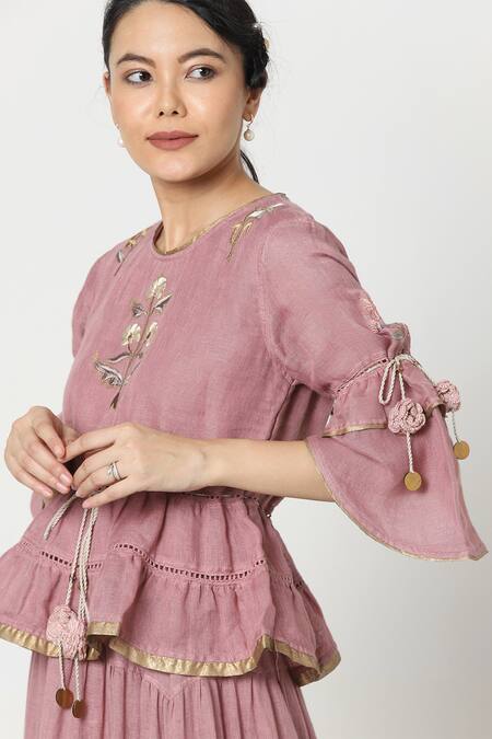 Kaveri_Purple Linen Peplum Top And Skirt Set_at_Aza_Fashions