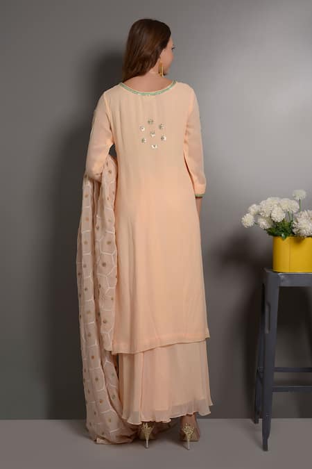Shop_Surabhi Arya_Peach Georgette, Kota Silk Hand Embroidered Kurta Set _at_Aza_Fashions