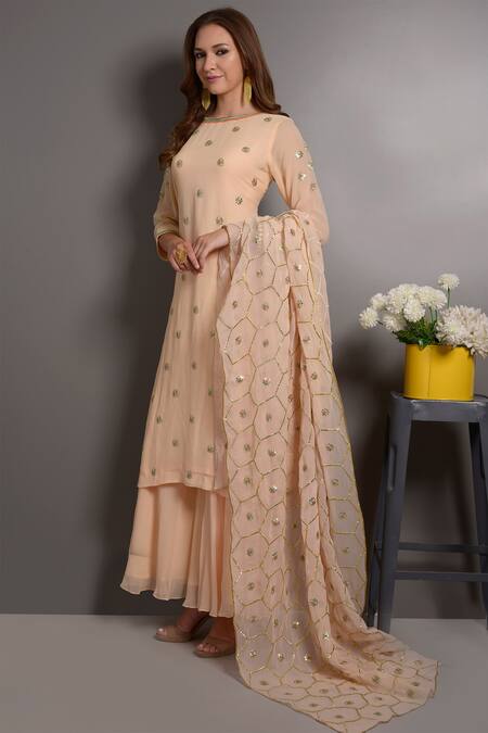 Shop Surabhi Arya Peach Georgette, Kota Silk Hand Embroidered Kurta Set Online at Aza Fashions Shop_Surabhi Arya_Peach Georgette, Kota Silk Hand Embroidered Kurta Set _Online_at_Aza_Fashions