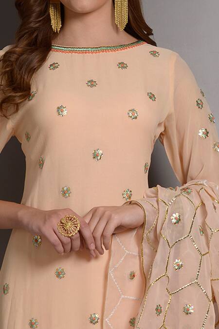 Surabhi Arya Peach Georgette, Kota Silk Hand Embroidered Kurta Set at Aza Fashions Surabhi Arya_Peach Georgette, Kota Silk Hand Embroidered Kurta Set _at_Aza_Fashions