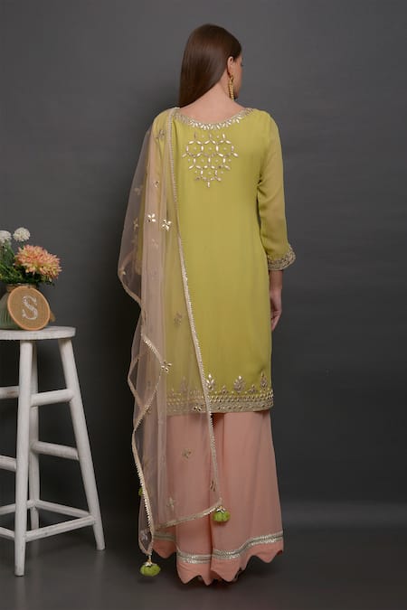 Shop_Surabhi Arya_Green Net, Georgette Hand Embroidered Kurta Set _at_Aza_Fashions