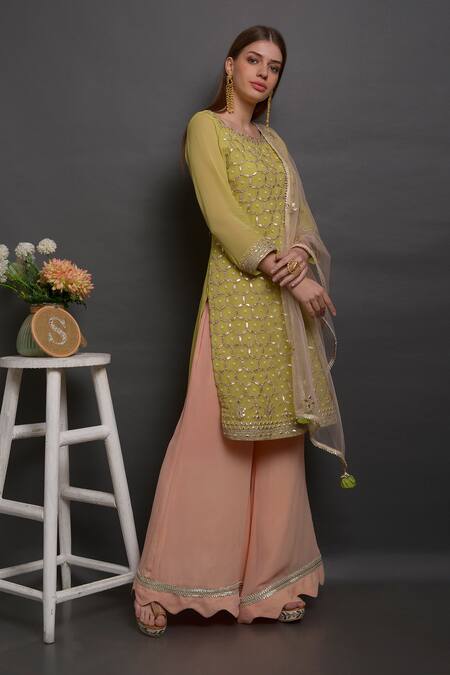 Surabhi Arya_Green Net, Georgette Hand Embroidered Kurta Set _Online_at_Aza_Fashions
