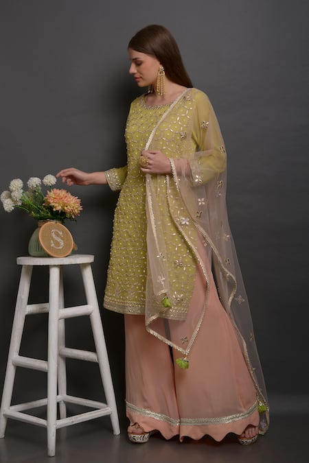 Buy_Surabhi Arya_Green Net, Georgette Hand Embroidered Kurta Set _Online_at_Aza_Fashions