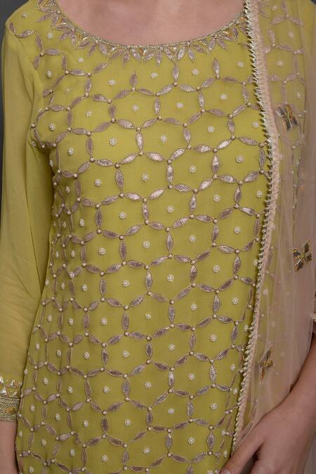 Surabhi Arya_Green Net, Georgette Hand Embroidered Kurta Set _at_Aza_Fashions