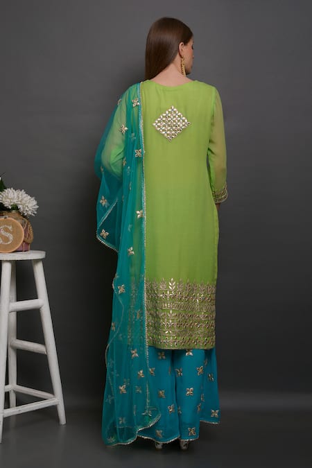 Shop_Surabhi Arya_Green Net, Georgette Hand Embroidered Kurta Set _at_Aza_Fashions