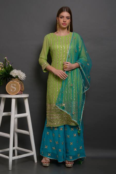 Surabhi Arya_Green Net, Georgette Hand Embroidered Kurta Set _Online_at_Aza_Fashions
