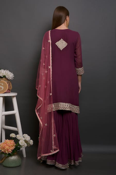 Shop_Surabhi Arya_Maroon Silk, Net, Georgette Hand Embroidered Kurta Set _at_Aza_Fashions