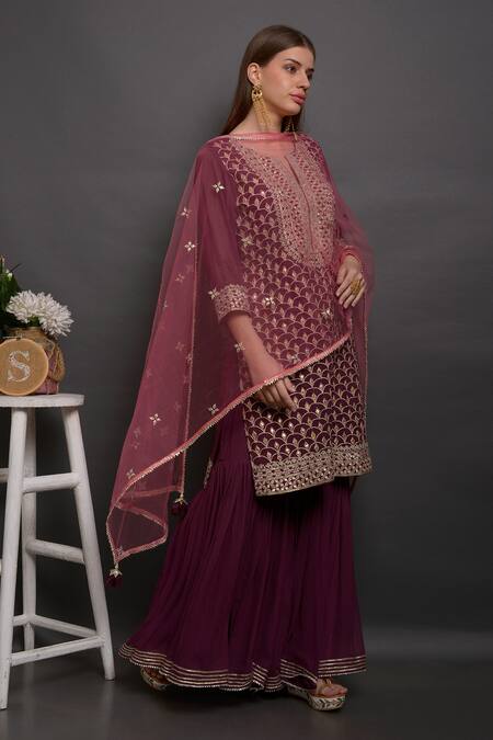 Surabhi Arya_Maroon Silk, Net, Georgette Hand Embroidered Kurta Set _Online_at_Aza_Fashions