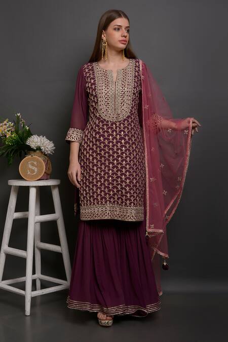 Buy_Surabhi Arya_Maroon Silk, Net, Georgette Hand Embroidered Kurta Set _Online_at_Aza_Fashions