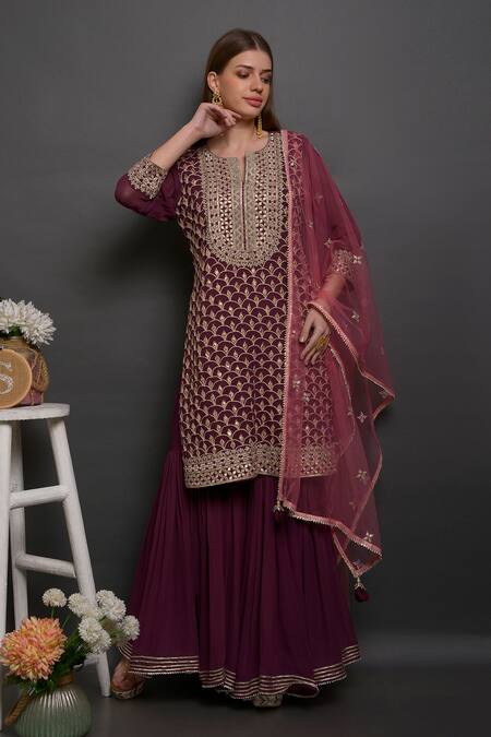 Shop_Surabhi Arya_Maroon Silk, Net, Georgette Hand Embroidered Kurta Set _Online_at_Aza_Fashions