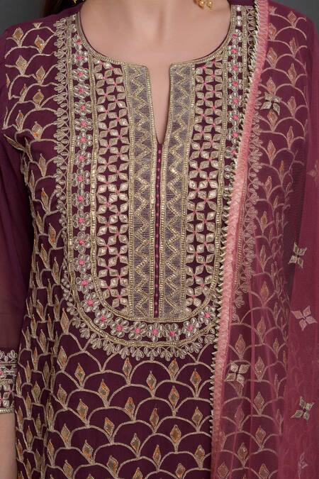 Surabhi Arya_Maroon Silk, Net, Georgette Hand Embroidered Kurta Set _at_Aza_Fashions