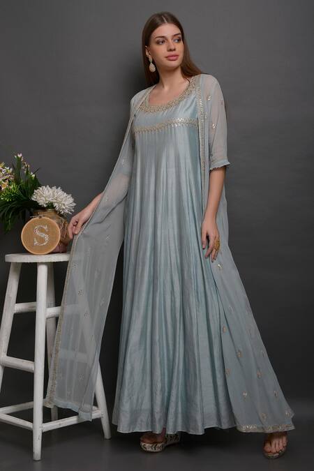 Buy_Surabhi Arya_Blue Chanderi, Georgette Hand Embroidered Gown With Jacket_Online_at_Aza_Fashions