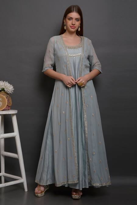 Surabhi Arya_Blue Chanderi, Georgette Hand Embroidered Gown With Jacket_Online_at_Aza_Fashions