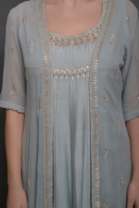 Shop_Surabhi Arya_Blue Chanderi, Georgette Hand Embroidered Gown With Jacket_Online_at_Aza_Fashions