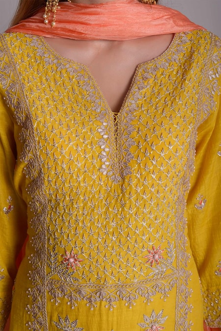 Shop_Surabhi Arya_Yellow Silk Chanderi Hand Embroidered Kurta Set _Online_at_Aza_Fashions