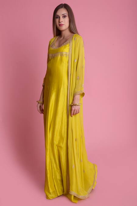 Shop_Surabhi Arya_Yellow Chanderi, Georgette Hand Embroidered Gown With Jacket_Online_at_Aza_Fashions