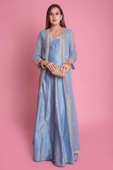 Surabhi Arya_Blue Chanderi, Georgette Gown With Jacket_Online_at_Aza_Fashions
