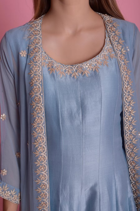 Shop_Surabhi Arya_Blue Chanderi, Georgette Gown With Jacket_Online_at_Aza_Fashions