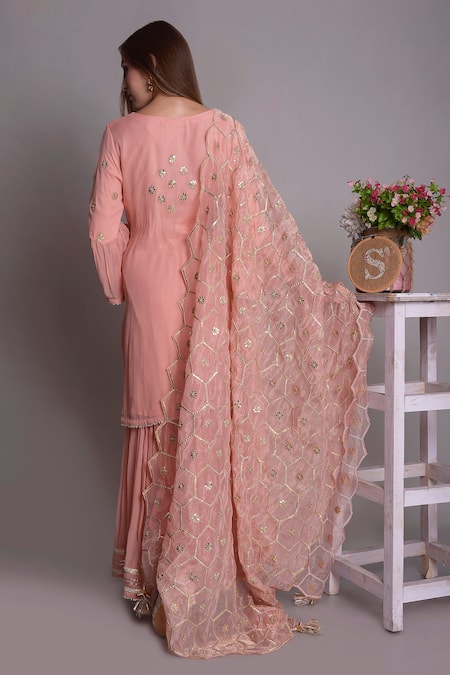 Shop_Surabhi Arya_Pink Georgette, Kota Silk Hand Embroidered Kurta Set _at_Aza_Fashions