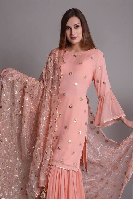 Shop_Surabhi Arya_Pink Georgette, Kota Silk Hand Embroidered Kurta Set _Online_at_Aza_Fashions