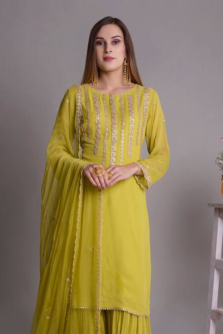 Shop_Surabhi Arya_Green Chiffon, Georgette Hand Embroidered Kurta Set_Online_at_Aza_Fashions