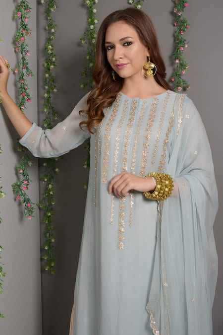 Shop_Surabhi Arya_Blue Chiffon, Georgette Hand Embroidered Kurta Set_Online_at_Aza_Fashions