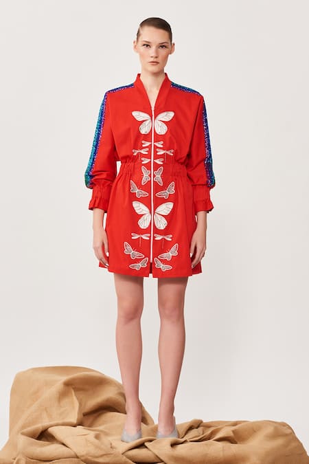 Shahin Mannan_Red Gabardine Butterfly V Neck Rainbow Jacket Dress_Online_at_Aza_Fashions