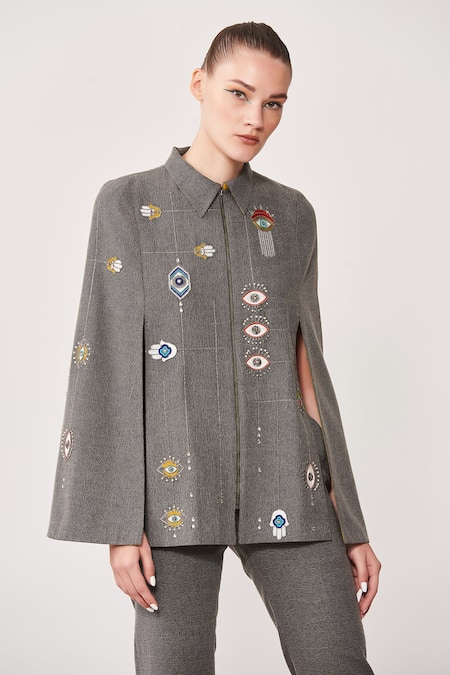 Shahin Mannan Grey Thin Washed Denim Embroidered Evil Eye Shirt Collar Cape  