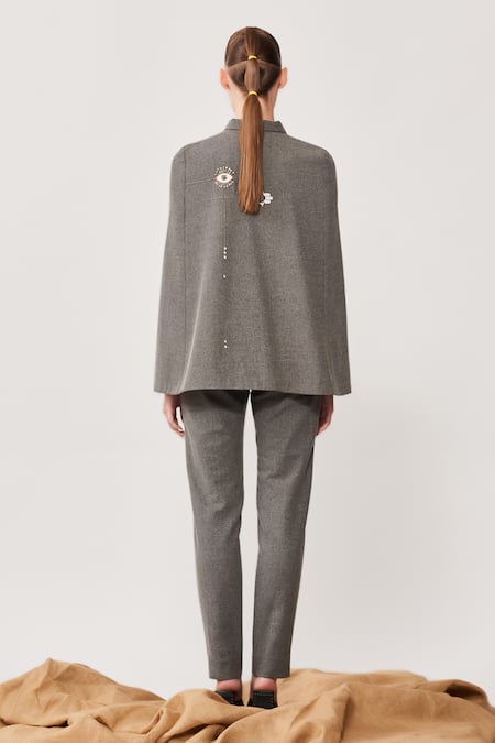 Shop Shahin Mannan Grey Thin Washed Denim Evil Eye Shirt Collar Embroidered Cape at Aza Fashions Shop_Shahin Mannan_Grey Thin Washed Denim Evil Eye Shirt Collar Embroidered Cape_at_Aza_Fashions