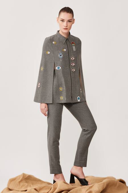Shahin Mannan Grey Thin Washed Denim Evil Eye Shirt Collar Embroidered Cape Online at Aza Fashions Shahin Mannan_Grey Thin Washed Denim Evil Eye Shirt Collar Embroidered Cape_Online_at_Aza_Fashions