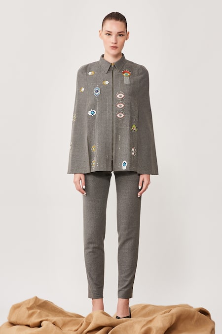 Buy Shahin Mannan Grey Thin Washed Denim Evil Eye Shirt Collar Embroidered Cape Online at Aza Fashions Buy_Shahin Mannan_Grey Thin Washed Denim Evil Eye Shirt Collar Embroidered Cape_Online_at_Aza_Fashions
