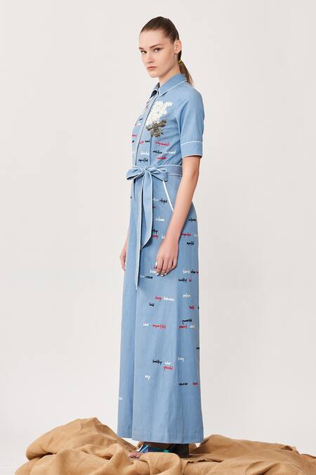 Shahin Mannan Blue Denim Typography Shirt Collar Embroidered Jumpsuit With Belt Online at Aza Fashions Shahin Mannan_Blue Denim Typography Shirt Collar Embroidered Jumpsuit With Belt _Online_at_Aza_Fashions