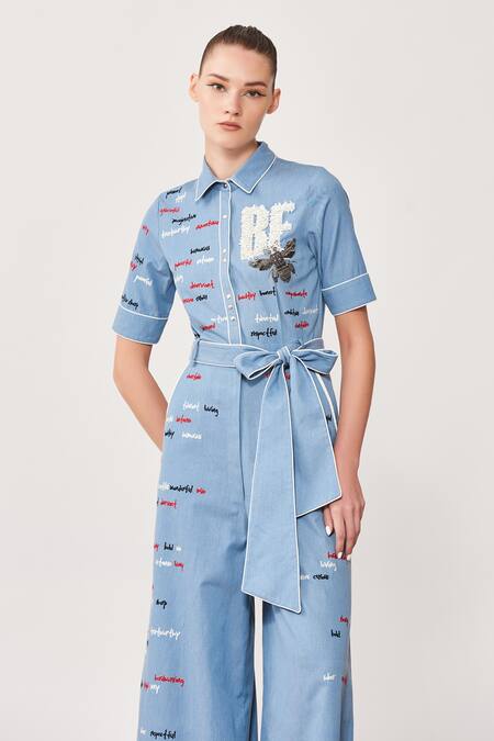 Buy Shahin Mannan Blue Denim Typography Shirt Collar Embroidered Jumpsuit With Belt Online at Aza Fashions Buy_Shahin Mannan_Blue Denim Typography Shirt Collar Embroidered Jumpsuit With Belt _Online_at_Aza_Fashions