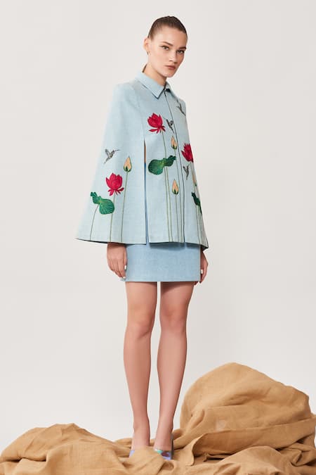 Shahin Mannan_Blue Thick Washed Denim Lotus And Humming Bird Shirt Embroidered Cape & Skirt Set_Online_at_Aza_Fashions