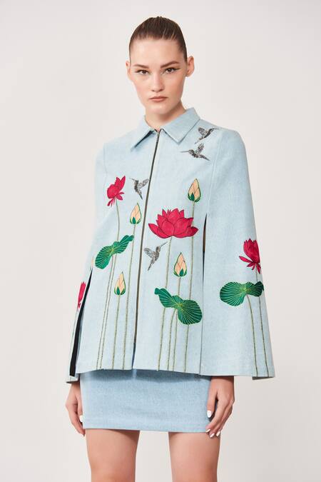 Shop_Shahin Mannan_Blue Thick Washed Denim Lotus And Humming Bird Shirt Embroidered Cape & Skirt Set_Online_at_Aza_Fashions