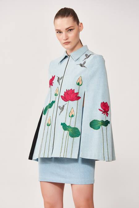 Shahin Mannan_Blue Thick Washed Denim Lotus And Humming Bird Shirt Embroidered Cape & Skirt Set_at_Aza_Fashions